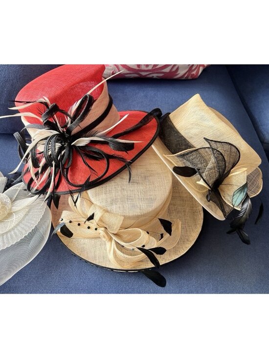 Kentucky Derby Hat Wide Brim Red Black Feathers Bows Wedding Cocktail Italian main image 15